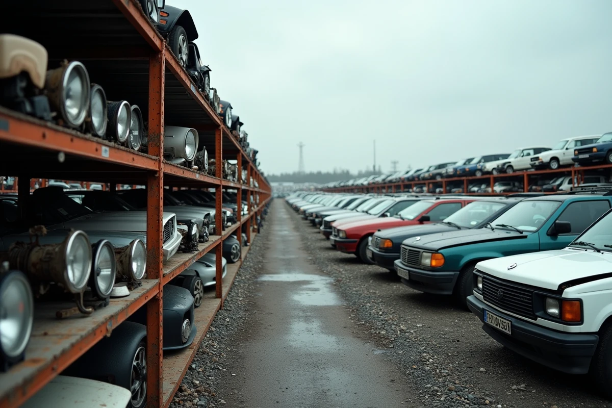 Vue panoramique d'une casse automobile organisée avec des véhicules en cours de démontage et des pièces détachées exposées